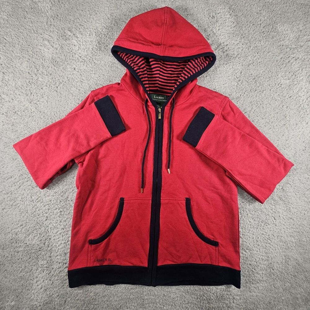 LRL Ralph Lauren Hoodie Womens S Red Nautical Coastal Preppy Pockets Full‎ Zip